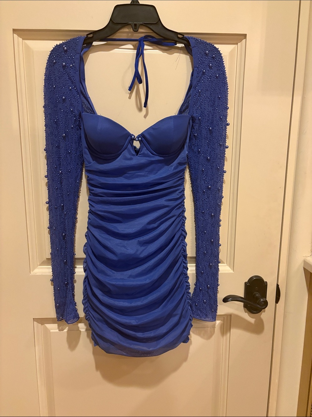 Oh Polly Blue Violet Ruched Long-Sleeve Mini Dress